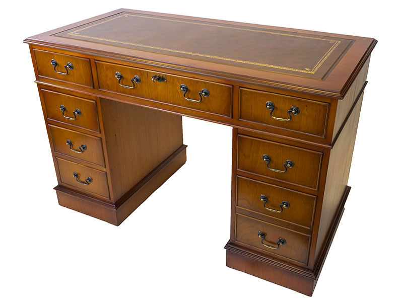 Twin Pedestal Desk Yew Leather Top